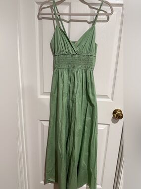 Sage Green Smocked Maxi Dress with V-Neck